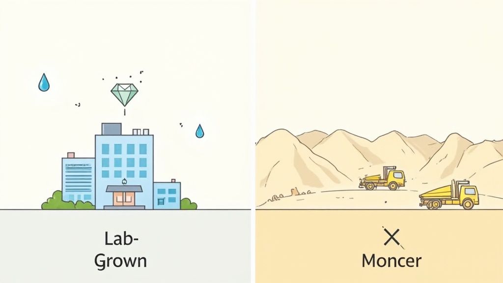 Illustration contrasting lab-grown diamonds made in a city lab with mined diamonds from desert landscapes.