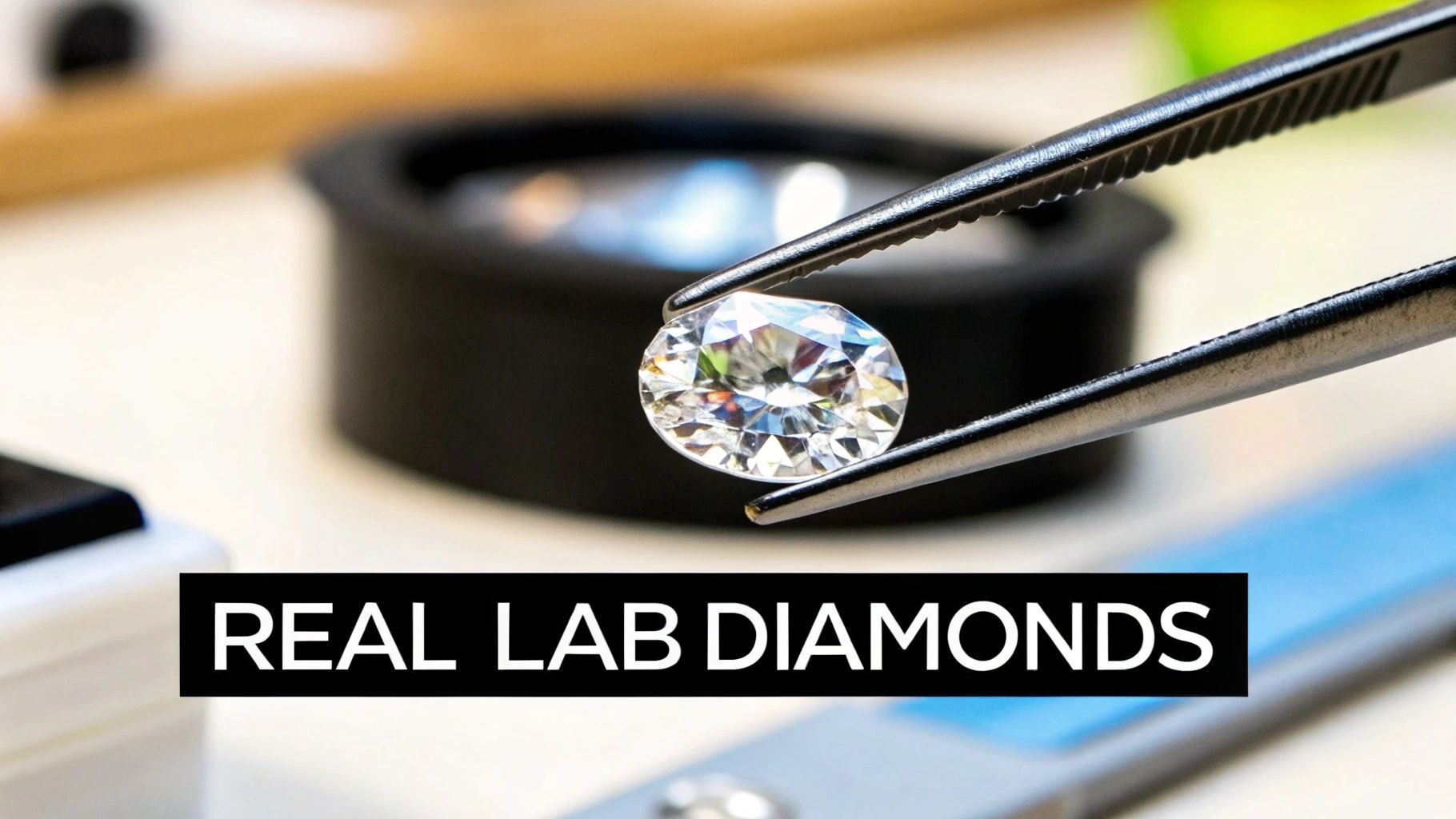 A sparkling, brilliant-cut lab diamond is held firmly by metal tweezers, ready for close inspection.