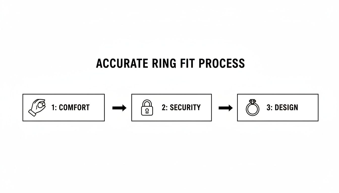Diagram illustrating the accurate ring fit process, outlining steps for comfort, security, and design.