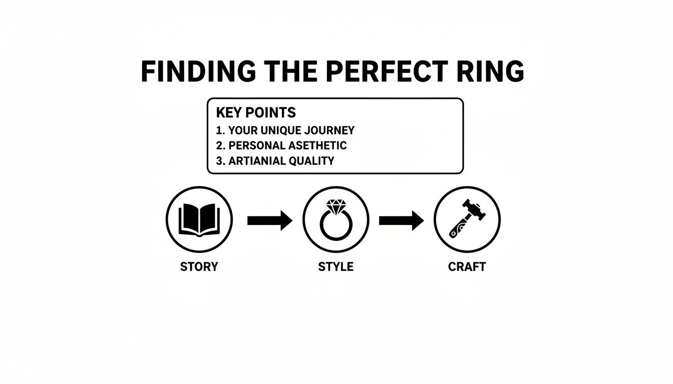 A visual guide on finding the perfect ring, illustrating the journey from story to style and craft.