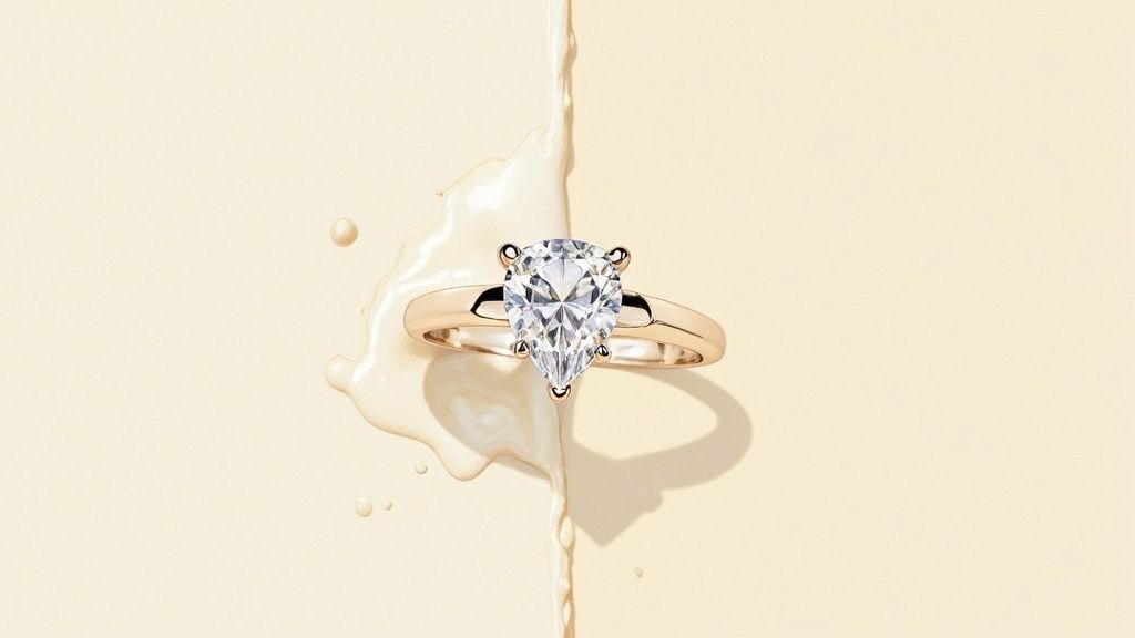 A dazzling pear-shaped diamond engagement ring with a gold band, amidst creamy white liquid splashes.