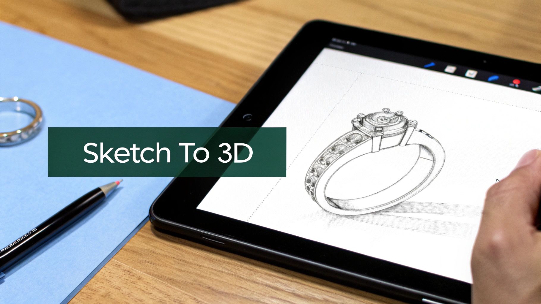 A hand digitally sketches an intricate diamond ring design on a tablet screen, labeled 'Sketch To 3D'.