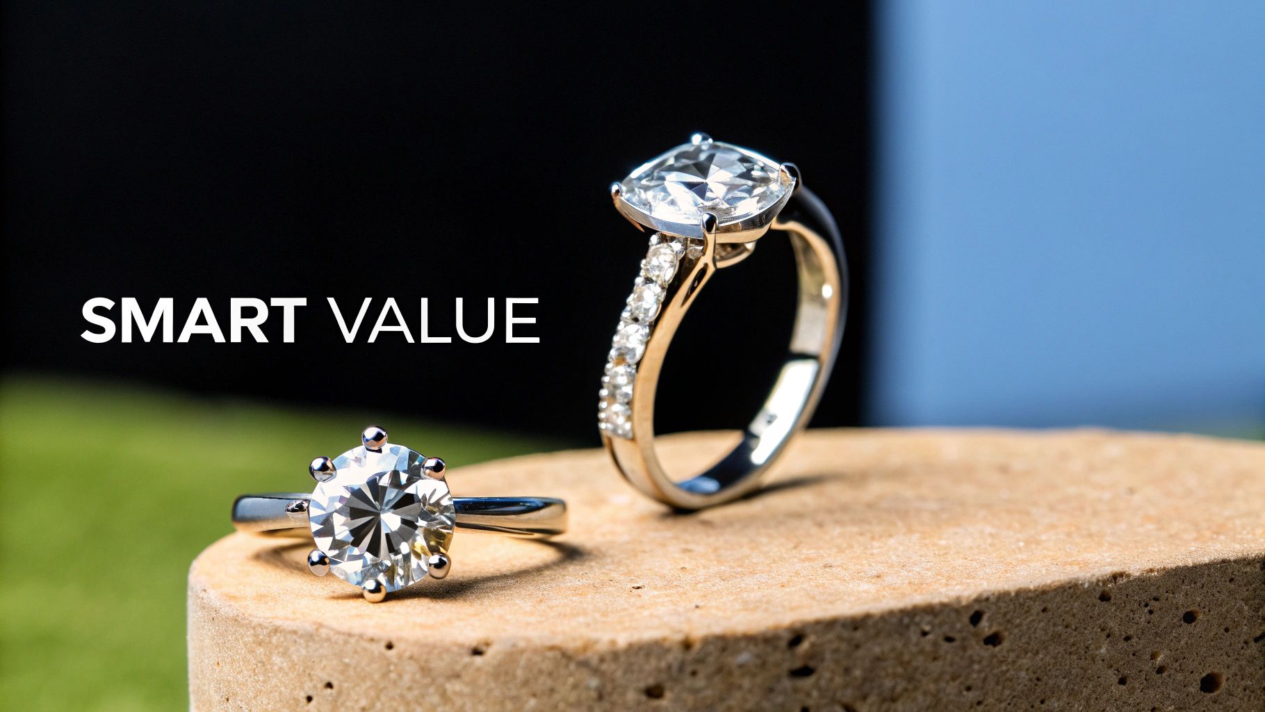 Two elegant diamond rings, a solitaire and a pave cushion cut, on a stone block with 'SMART VALUE' text.