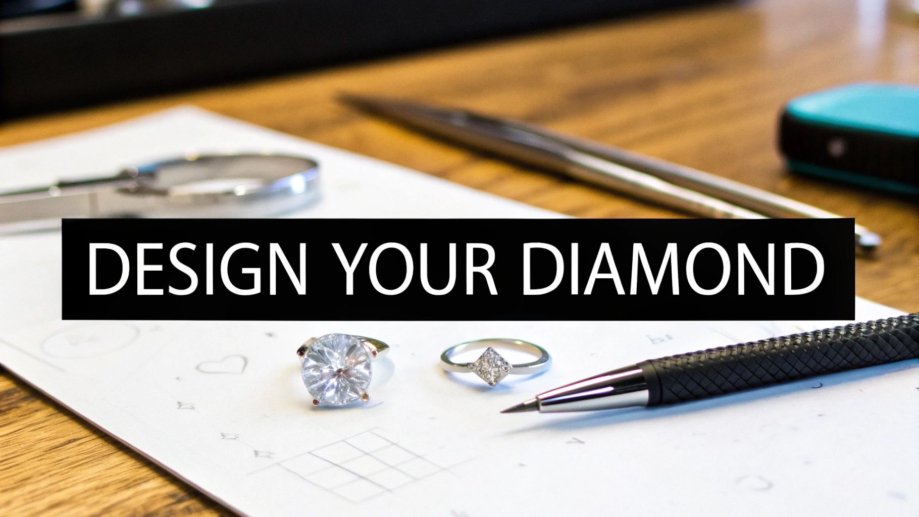 A 'Design Your Diamond' banner over a desk with diamond rings, a pen, and design sketches.