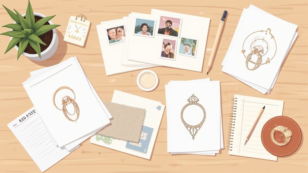 Flat lay of a jewelry designer's desk with custom ring sketches, client photos, and design tools.