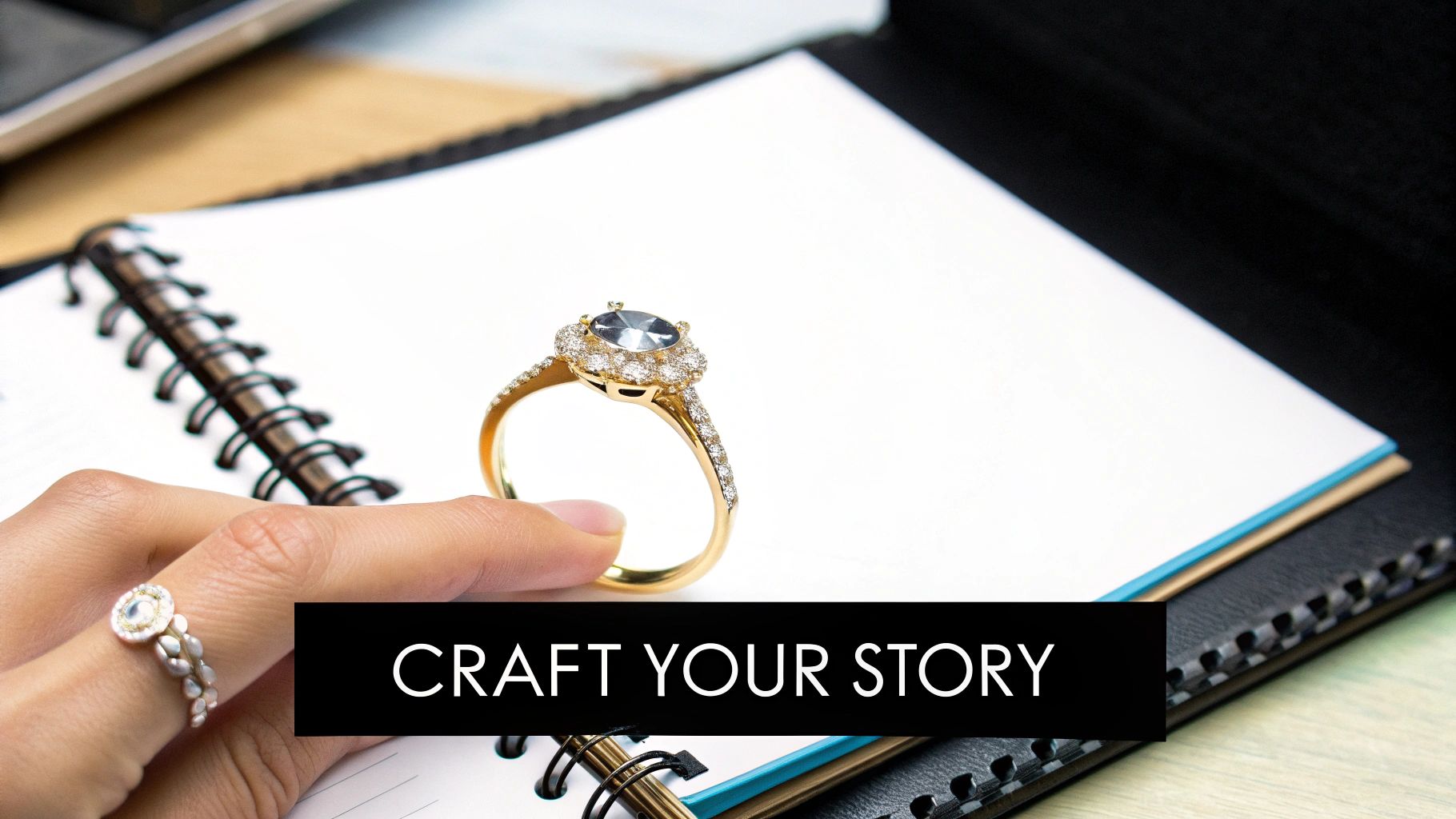 A hand holds a dazzling gold engagement ring with a dark center stone over an open notebook.
