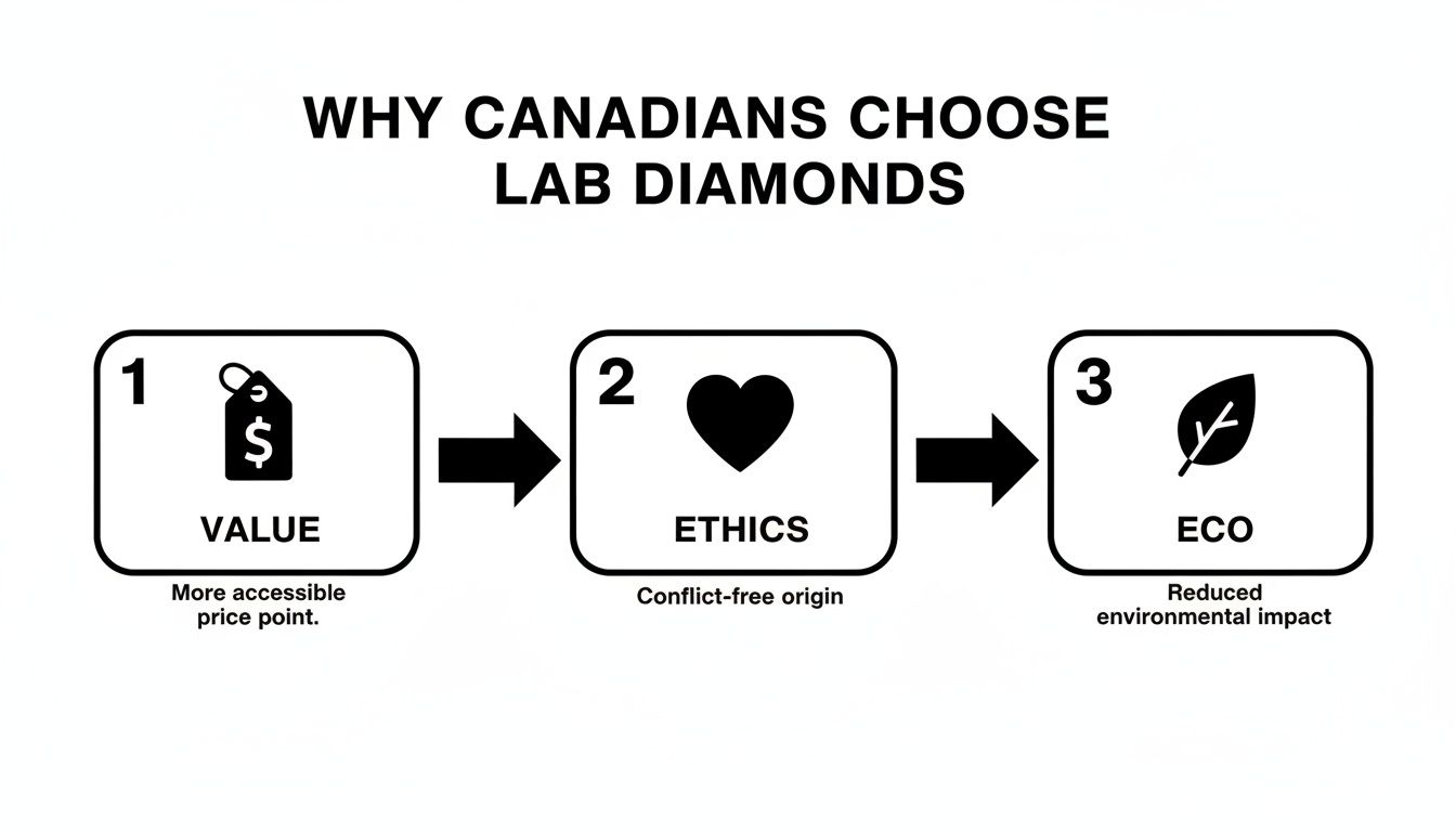 Infographic illustrating three key reasons Canadians choose lab diamonds: Value, Ethics, and Eco.