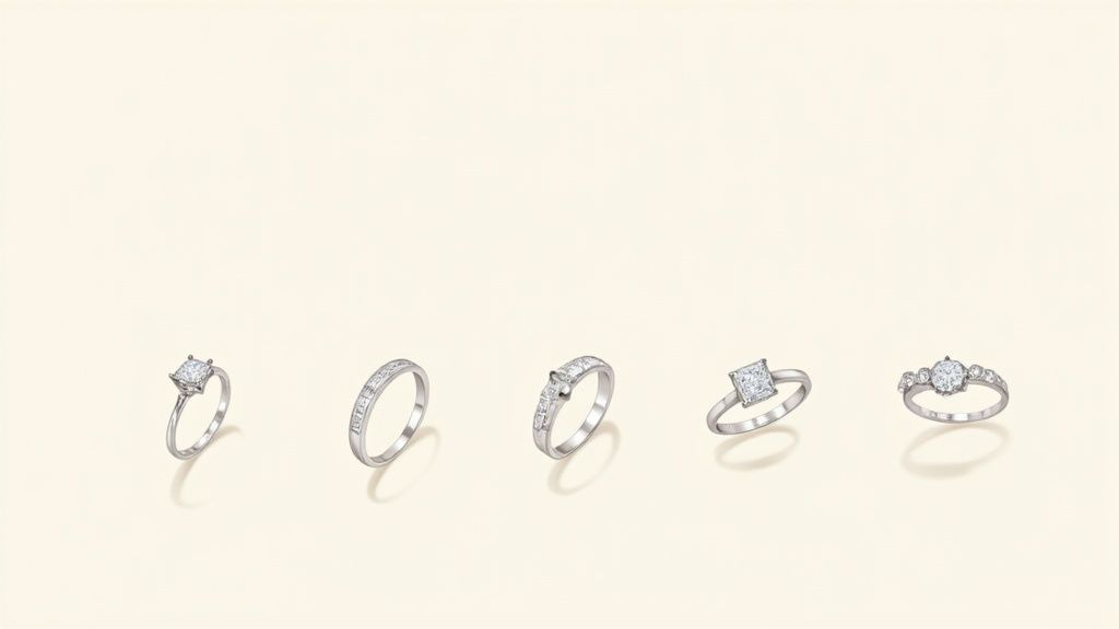 A collection of five different diamond rings, including solitaire, band, and multi-stone designs.