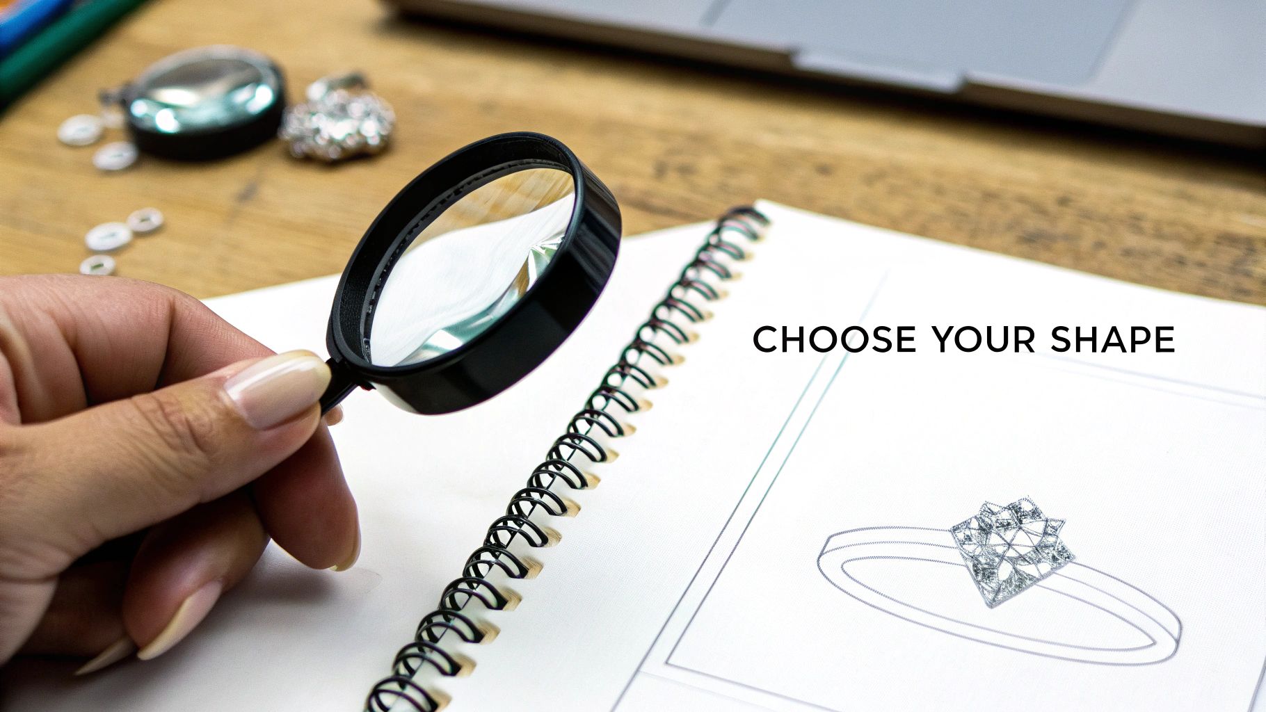 A hand holds a magnifying glass over a notebook displaying “CHOOSE YOUR SHAPE” and a diamond ring drawing.
