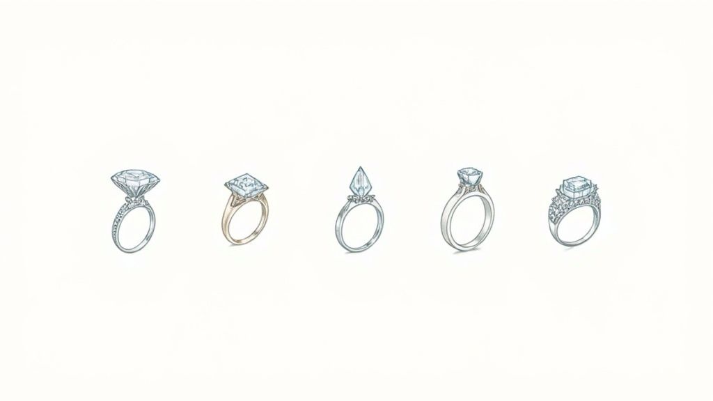 Five hand-drawn illustrations showcasing different engagement ring styles with various diamond cuts and band designs.
