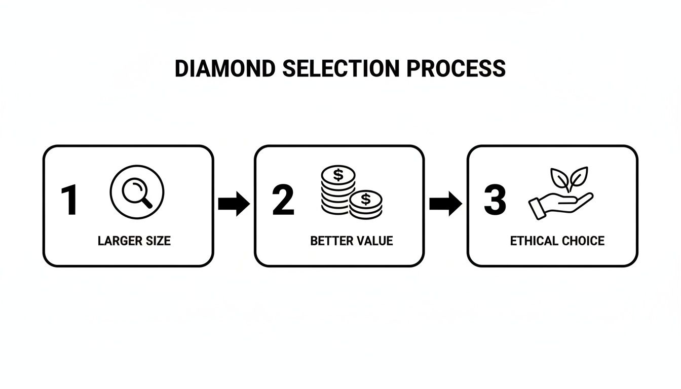A three-step diamond selection process illustrating larger size, better value, and ethical choice.