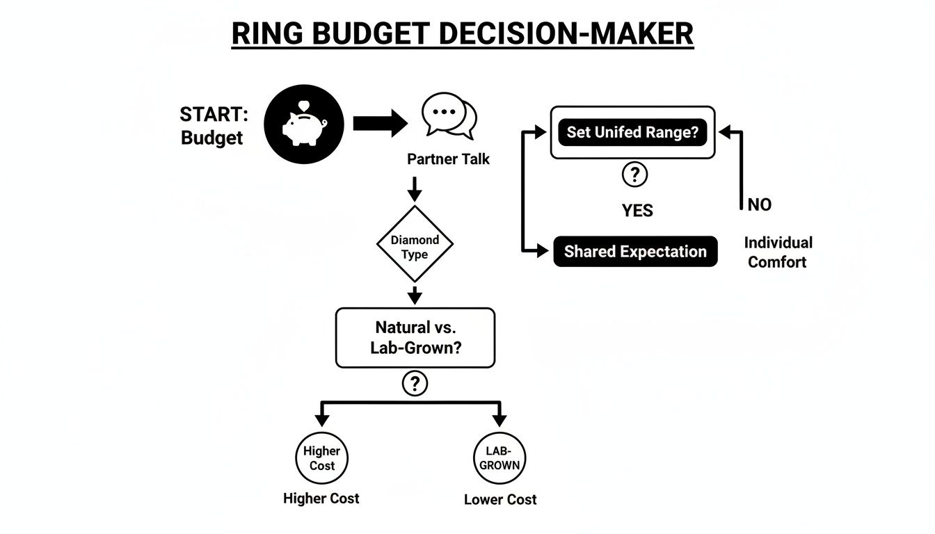 Flowchart detailing the ring budget decision process, considering partner input, diamond type, and cost implications.