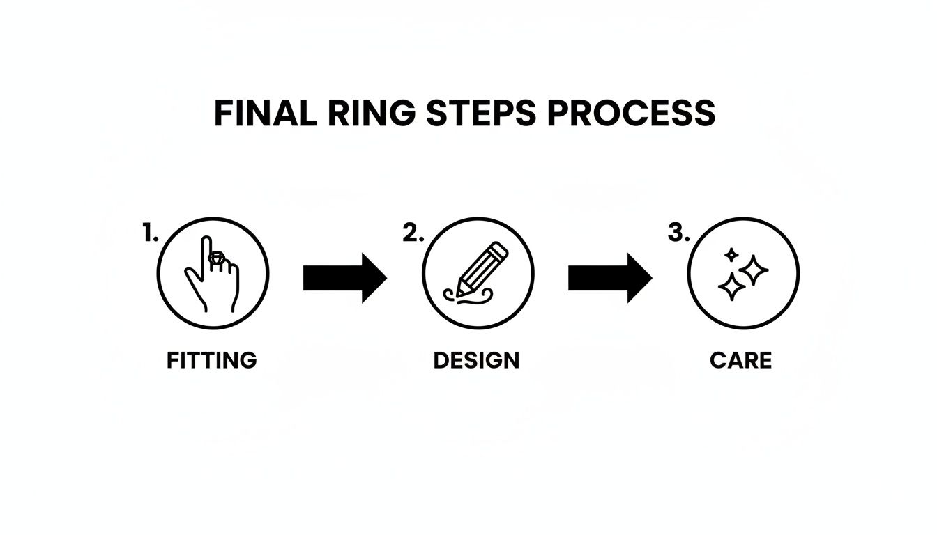 A three-step process for final ring production, including fitting, design, and care stages.