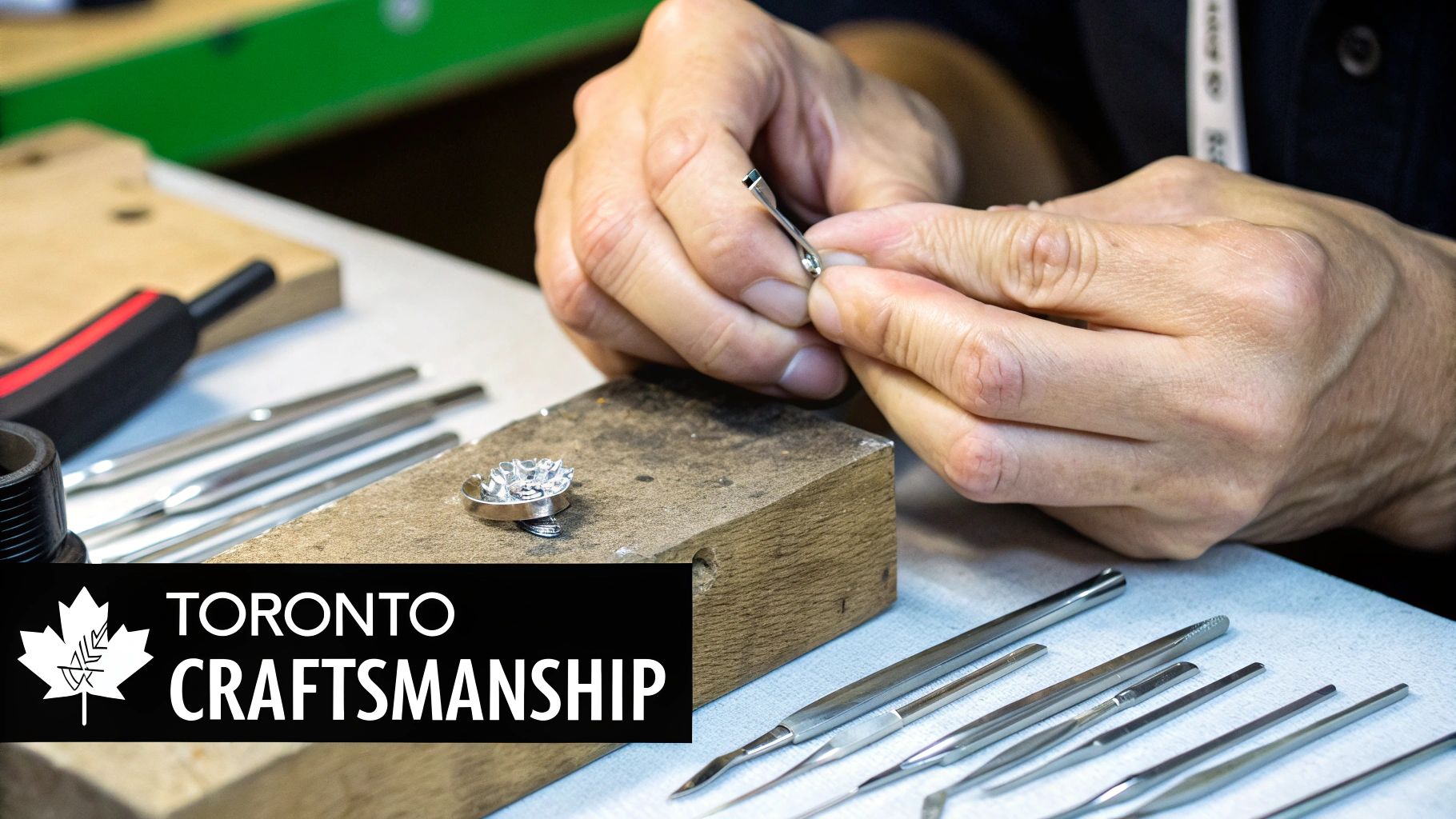 Close-up of a jeweler's hands meticulously working on a silver ring with specialized tools on a workbench.