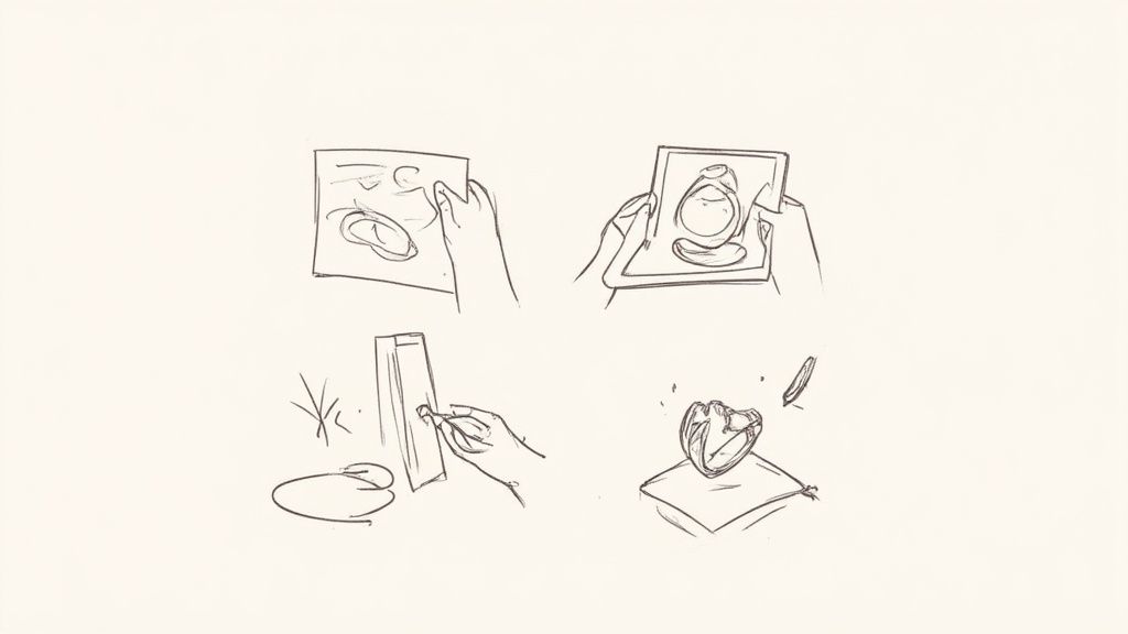 Sketches illustrating the four-step process of designing and creating an engagement ring, from concept to finished product.