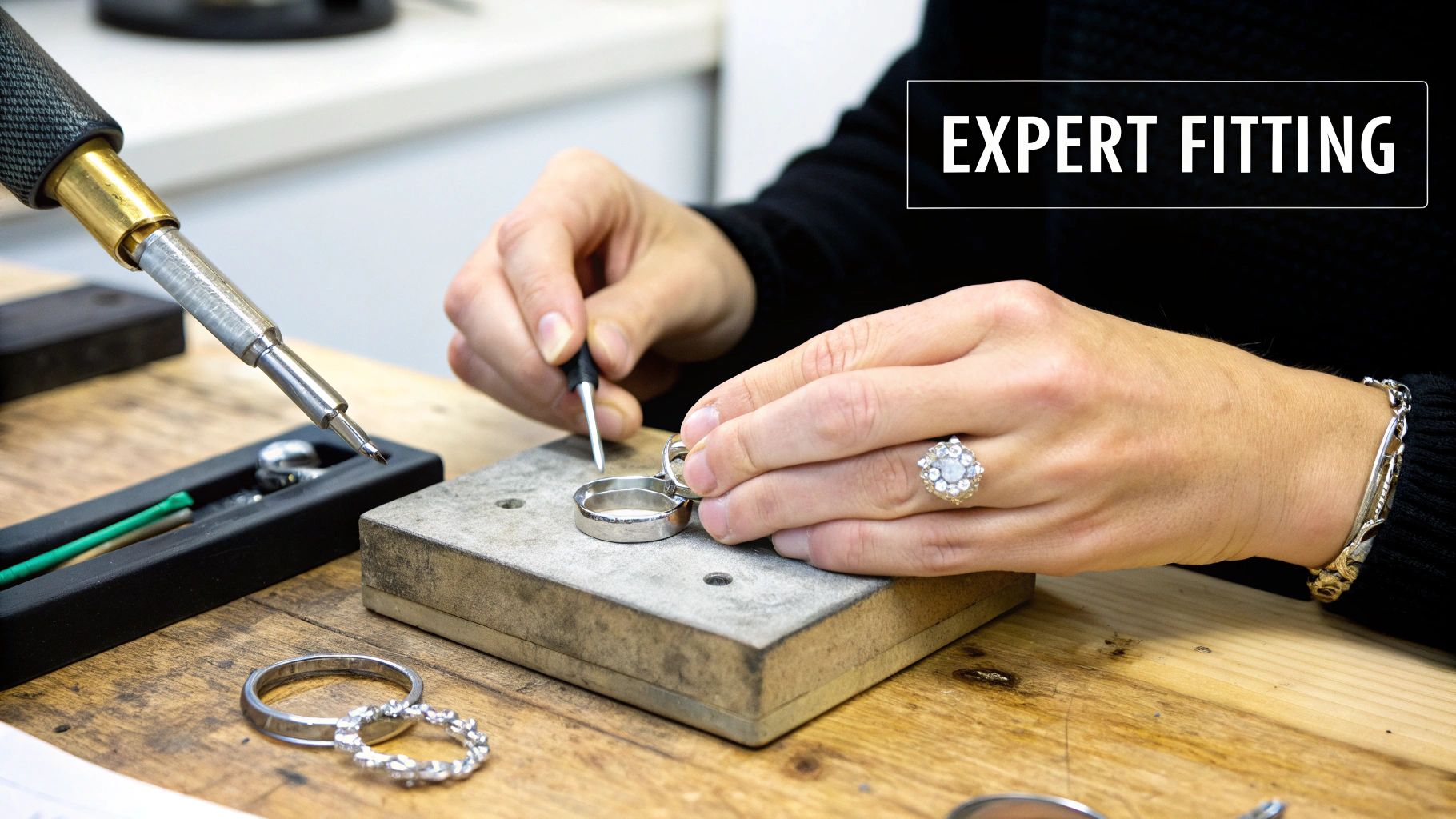 A jeweler's hands meticulously adjusting silver rings on a workbench with specialized tools.
