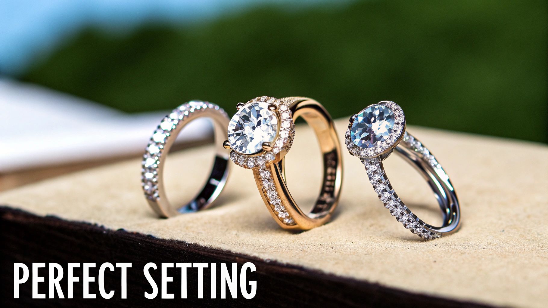Three dazzling diamond rings, including a solitaire, halo, and eternity band, on a neutral surface.