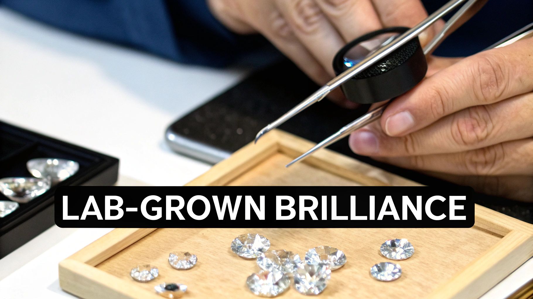 Close-up of hands using tweezers and a loupe to inspect sparkling lab-grown diamonds on a wooden tray.