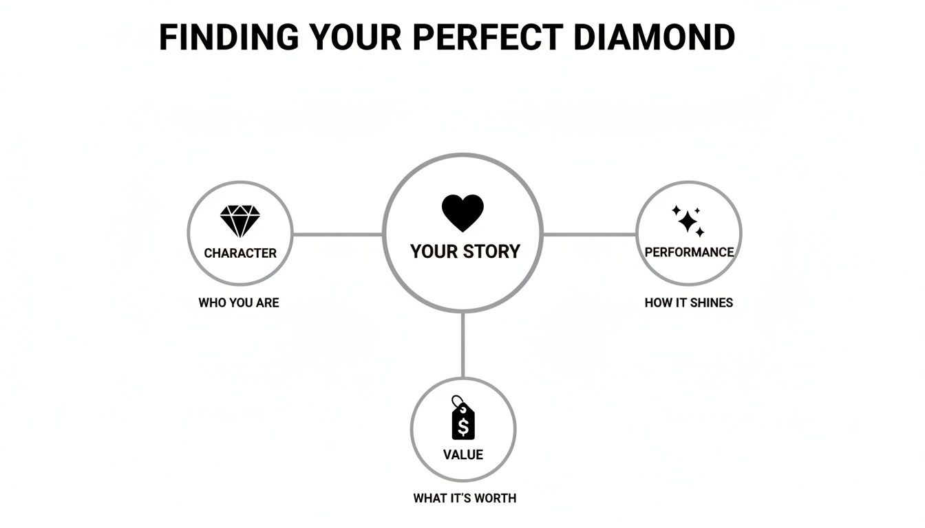 A diagram titled 'Finding Your Perfect Diamond' linking 'Your Story' to Character, Performance, and Value.
