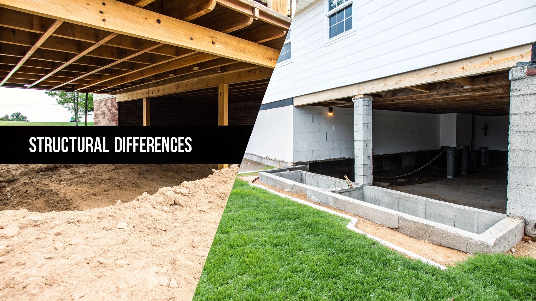 Split image showing structural differences between a wooden crawl space with dirt and a concrete basement foundation.