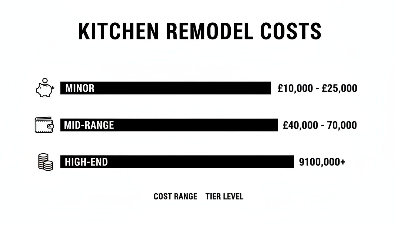 Infographic showing kitchen remodel costs: Minor £10,000-£25,000, Mid-Range £40,000-£70,000, High-End £100,000+.