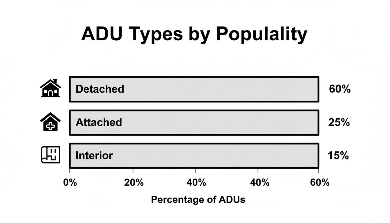 Bar chart displaying ADU types by popularity: Detached (60%), Attached (25%), and Interior (15%).