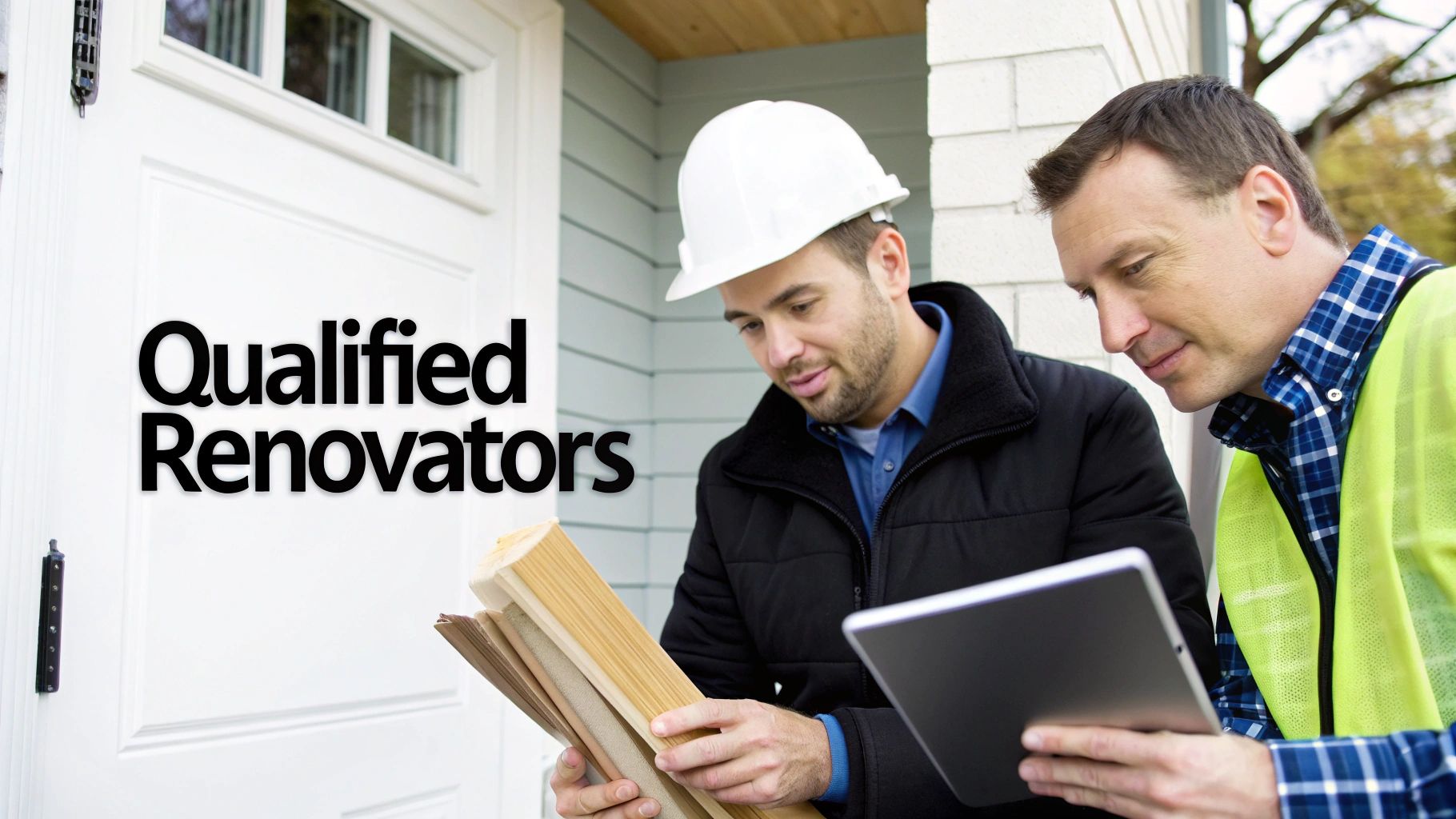 Two male contractors, one in a hard hat, examining wood samples and a tablet for home renovation.