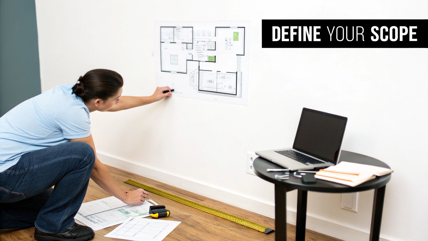 Person marking a floor plan on a wall with a marker, defining renovation scope.