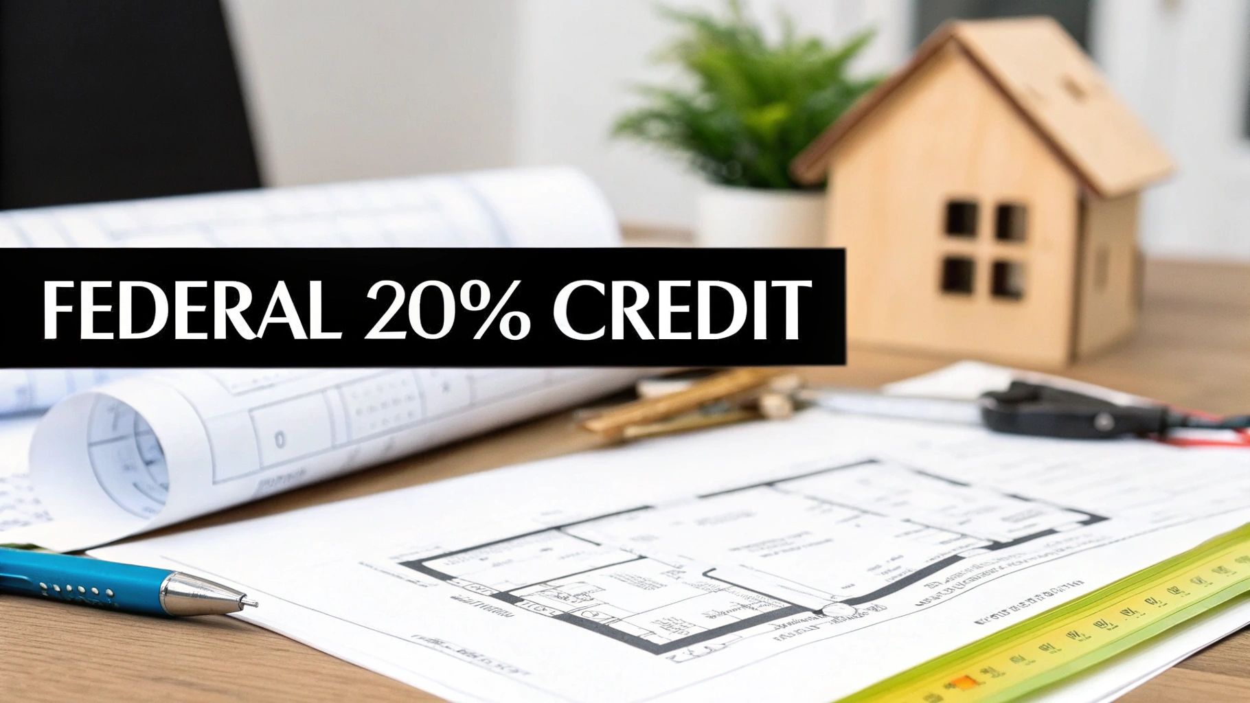 Desk with blueprints, pen, ruler, and a miniature house model, featuring a 'FEDERAL 20% CREDIT' banner.