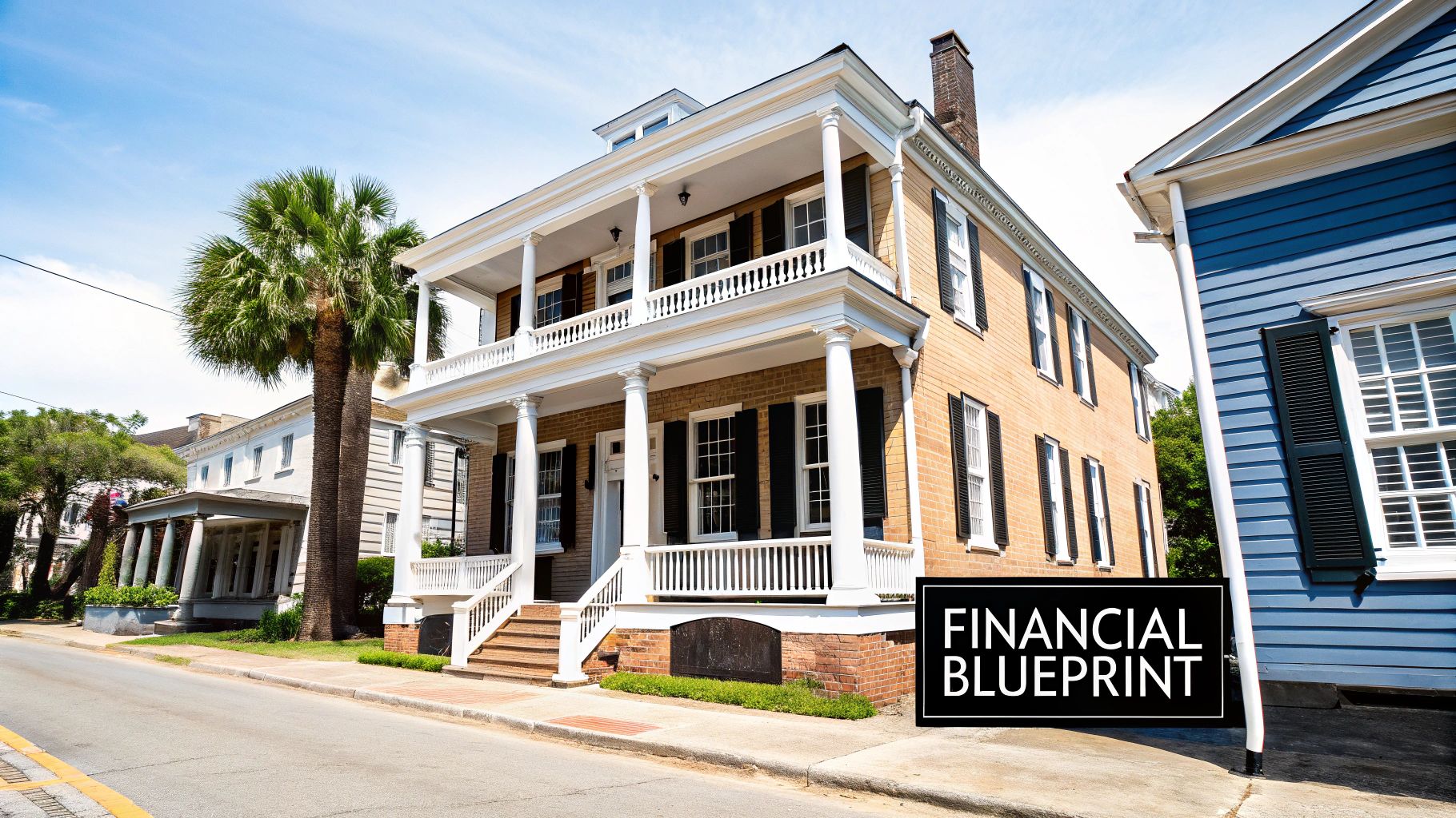 Historic brick house with white columns and porches on a sunny street with a palm tree.