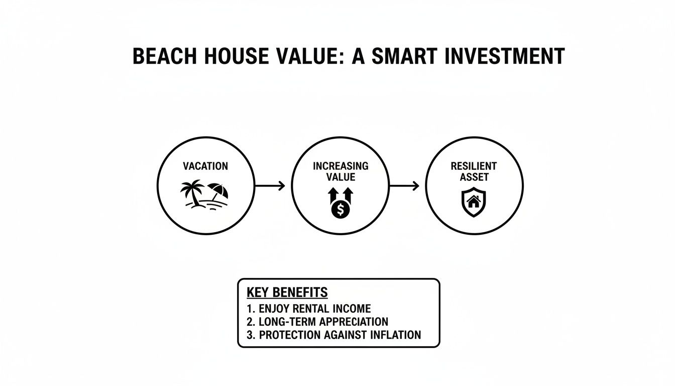 Beach house value infographic illustrating vacation benefits, increasing property value, and resilience as a smart investment, highlighting key benefits like rental income, long-term appreciation, and inflation protection.