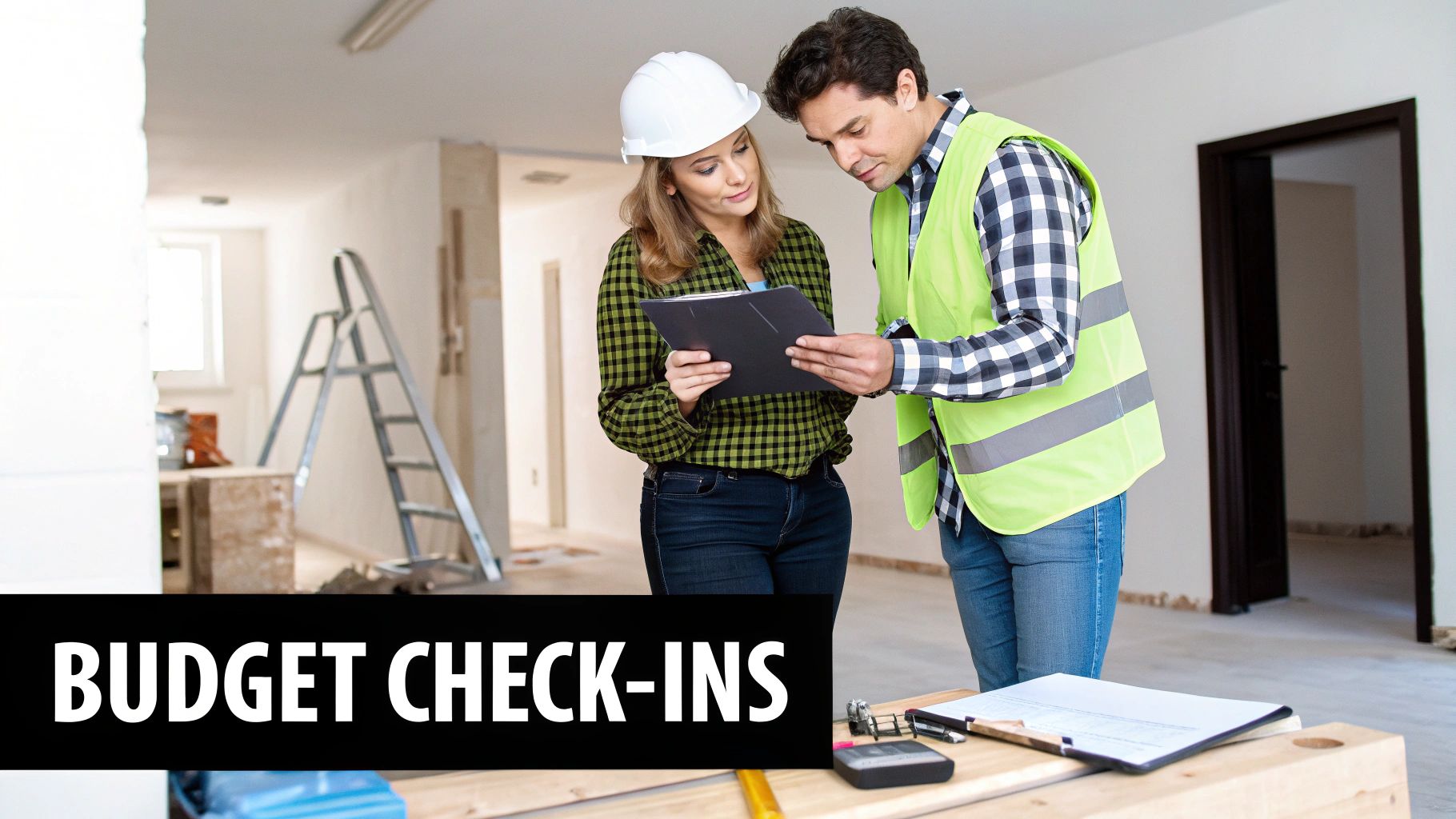 Construction project managers review budget plans on a renovation site, emphasizing financial check-ins.