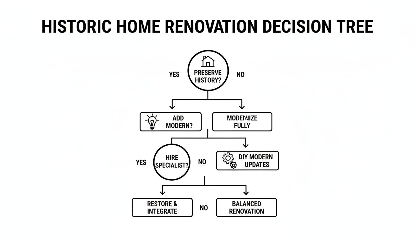 A decision tree flow chart for historic home renovation options, showing paths for preserving history or modernizing.