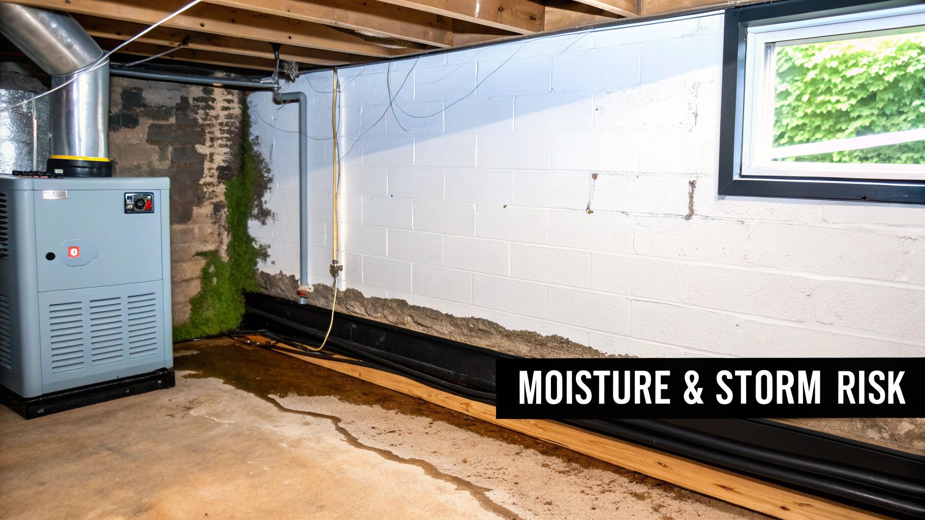 A damp basement showing water on the concrete floor, green mold on the wall, a furnace, and a window.