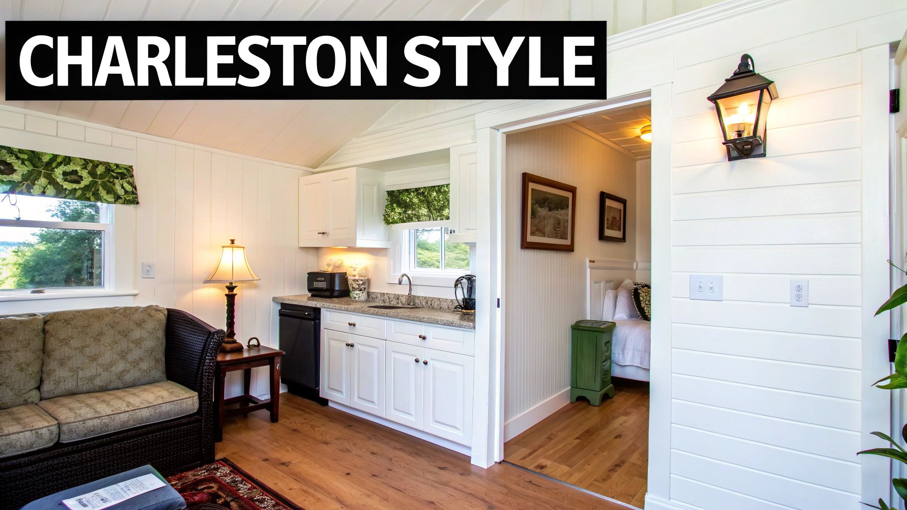 Bright Charleston style mother-in-law suite with kitchenette, cozy living area, and adjacent bedroom.
