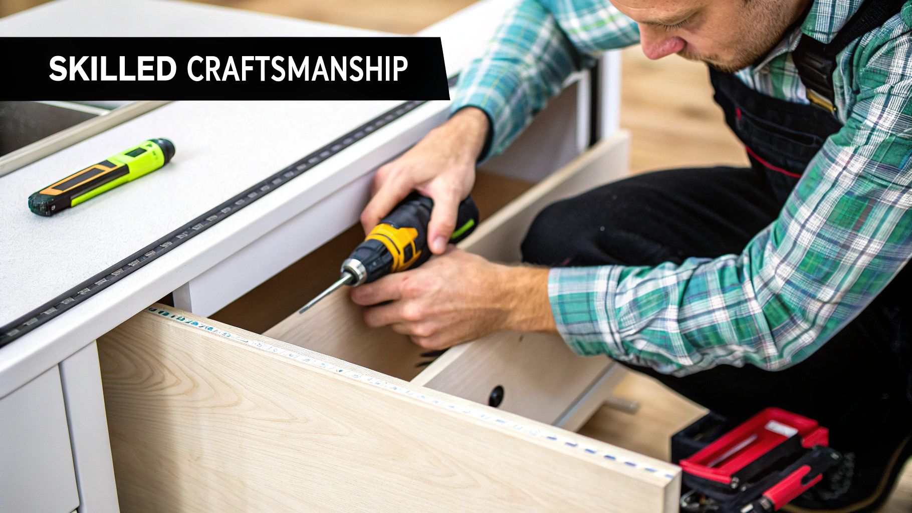 Skilled worker in a plaid shirt assembling a kitchen cabinet drawer with a power drill.