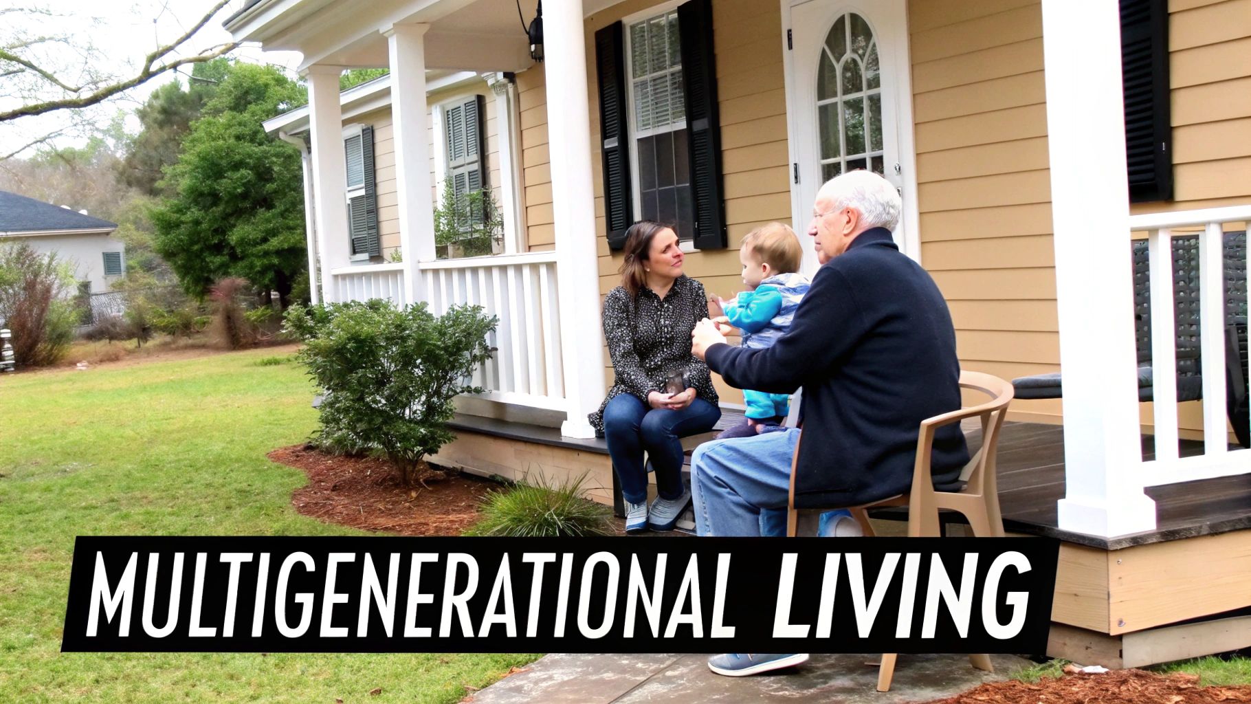 A smiling multi-generational family, including a man, woman, and baby, relax on a porch.