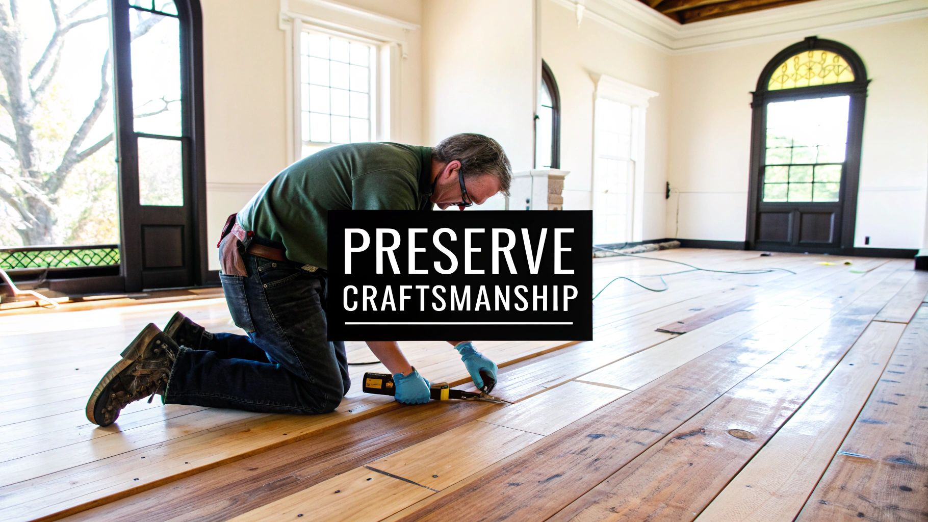 Man in gloves diligently preserves historic home craftsmanship by restoring old wooden floors.
