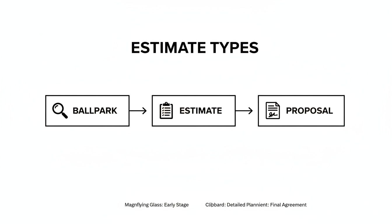 Flowchart illustrating the three types of project estimates: Ballpark, Estimate, and Proposal.