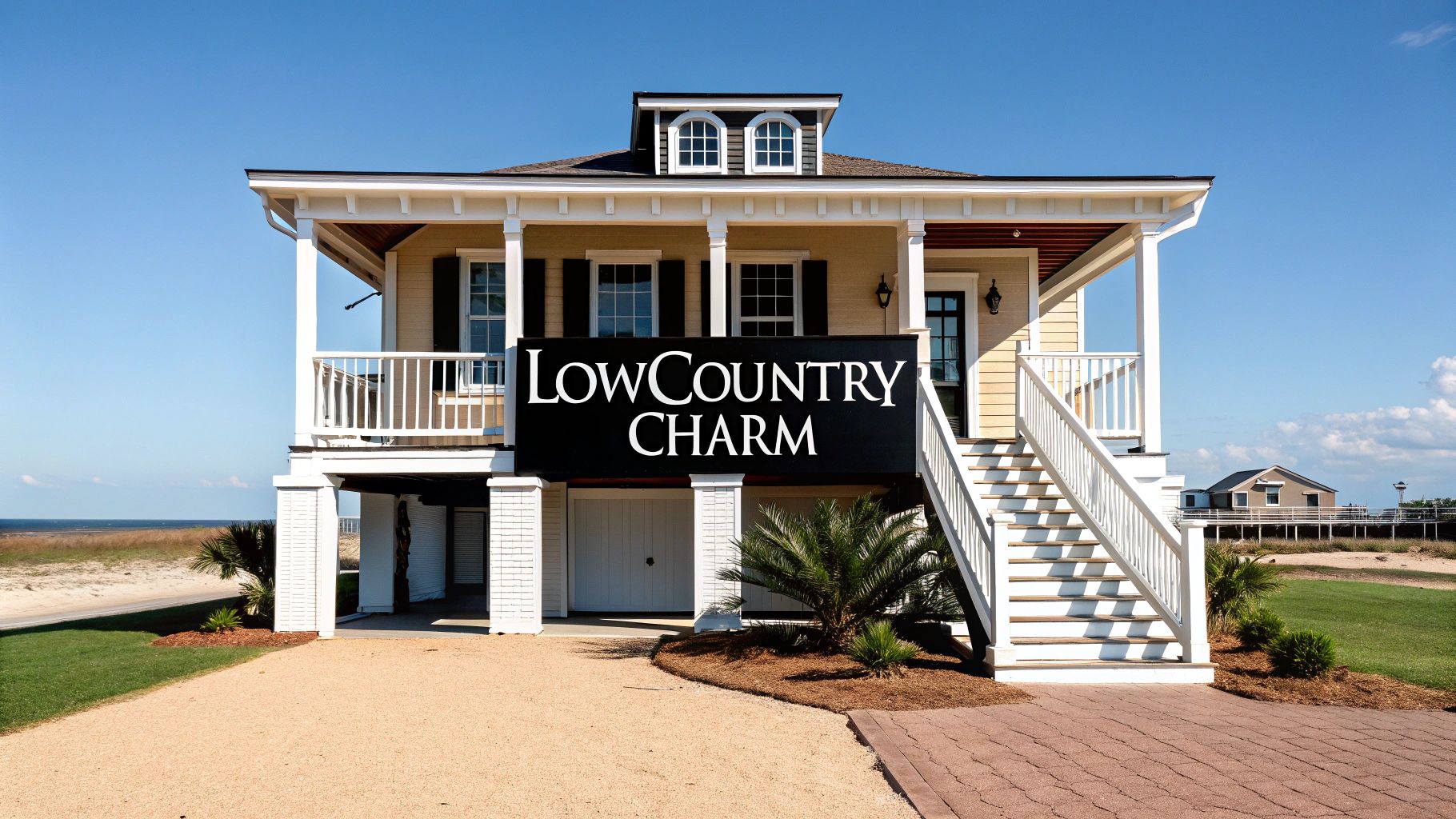 Lowcountry beach house exterior featuring a prominent "LowCountry Charm" sign, wide porches, and coastal landscaping, embodying the architectural style suited for subtropical climates.