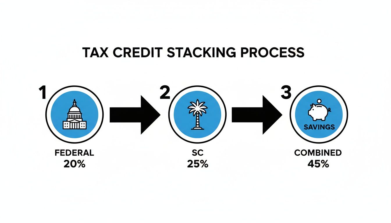 Flowchart illustrating tax credit stacking process: Federal 20%, SC 25%, combining for 45% savings.