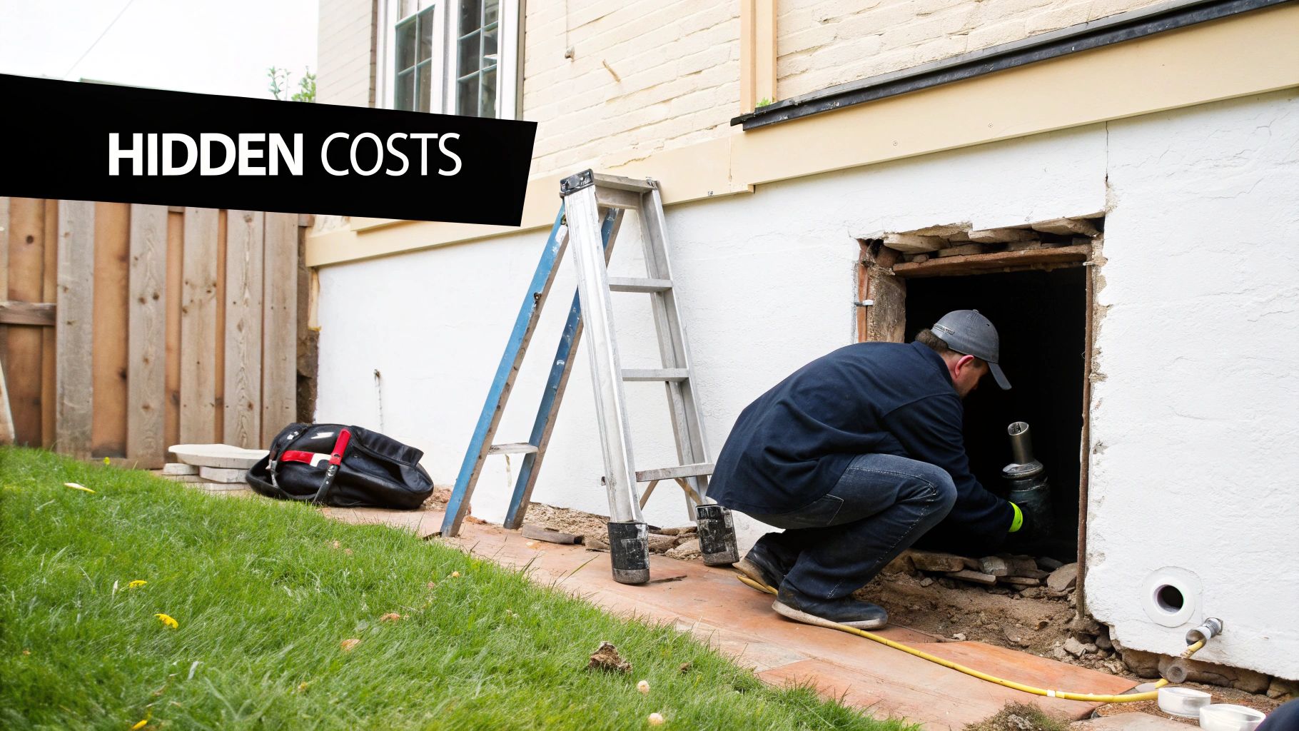 A man in a cap working on plumbing in a house crawl space, with a 'Hidden Costs' banner.