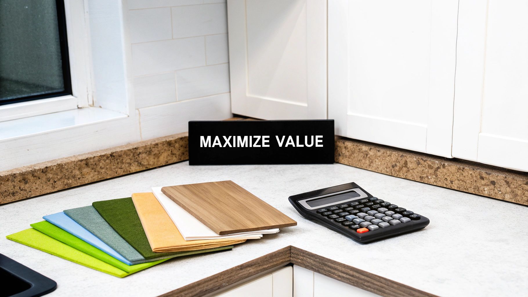 A kitchen counter displays design samples, a calculator, and a sign reading 'MAXIMIZE VALUE' for renovation planning.