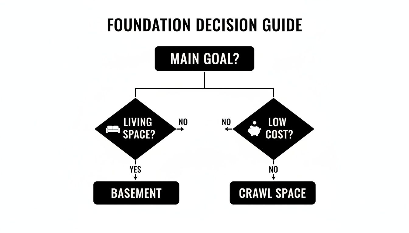 Flowchart showing foundation decision guide, leading to basement or crawl space based on living space and cost.