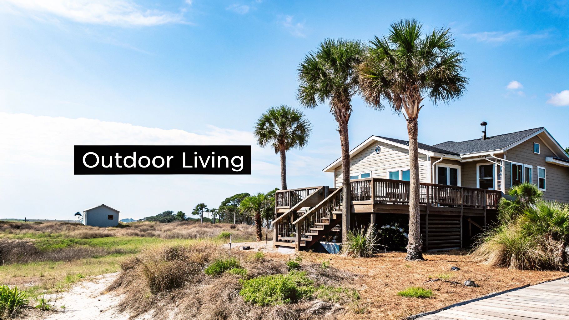 Beach house exterior featuring outdoor living space, wooden deck with stairs, palm trees, and surrounding coastal landscape, emphasizing connection to nature and outdoor living.
