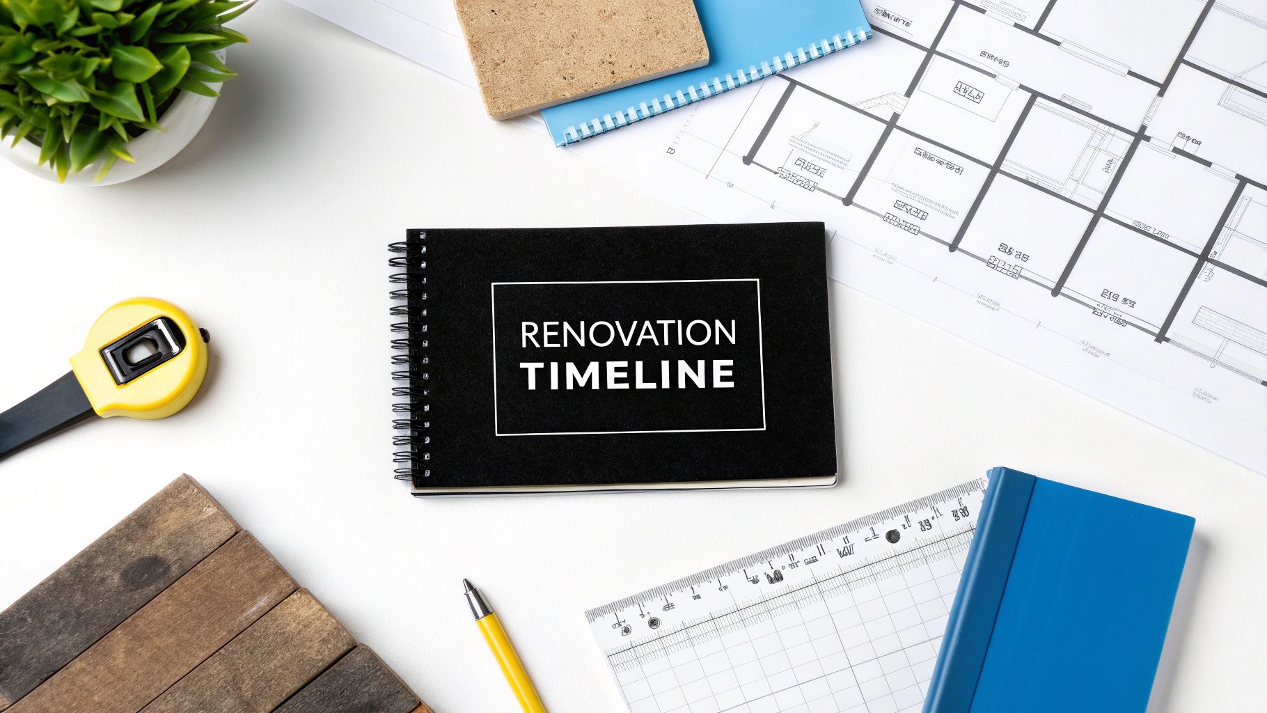 A top-down view of a desk with a 'RENOVATION TIMELINE' notebook, blueprints, and construction tools.