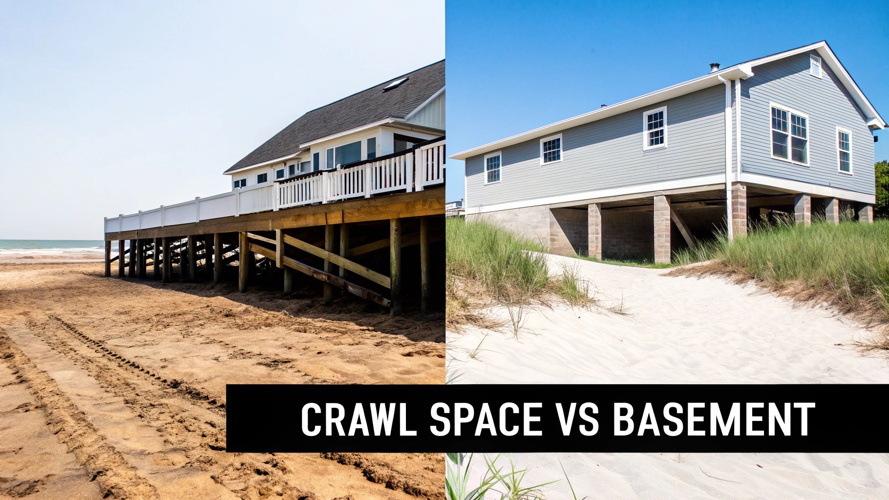 Two elevated beach houses on sandy terrain, illustrating the difference between a crawl space and a basement foundation.