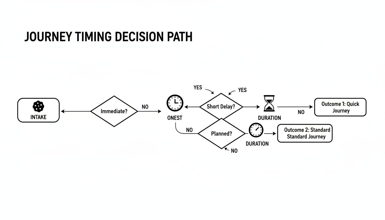 Flowchart titled 'Journey Timing Decision Path' showing intake, immediate, delay, and planned choices leading to two journey outcomes.