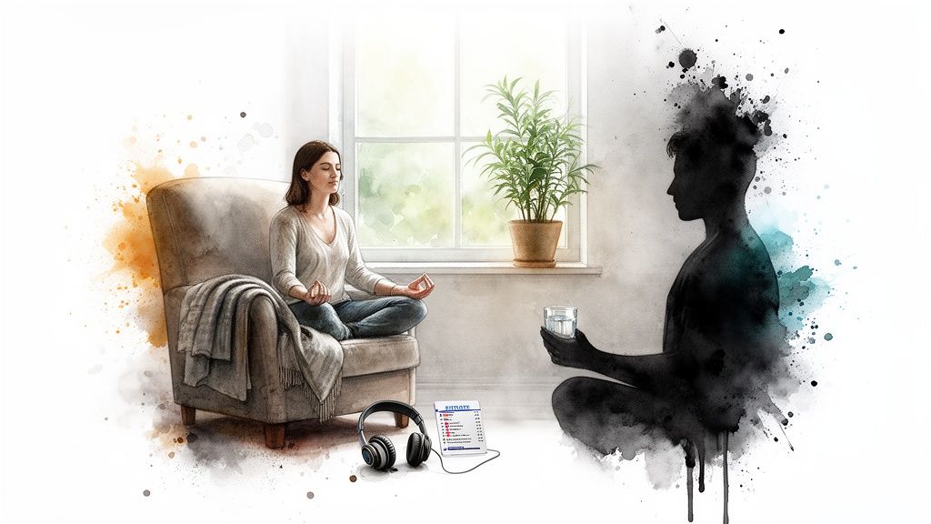 A woman meditating calmly on an armchair near a window, contrasted with a shadowy figure holding water.