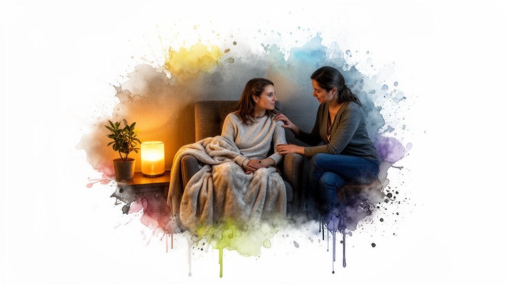Two women, one comforting the other, in a cozy room with a watercolor aesthetic.